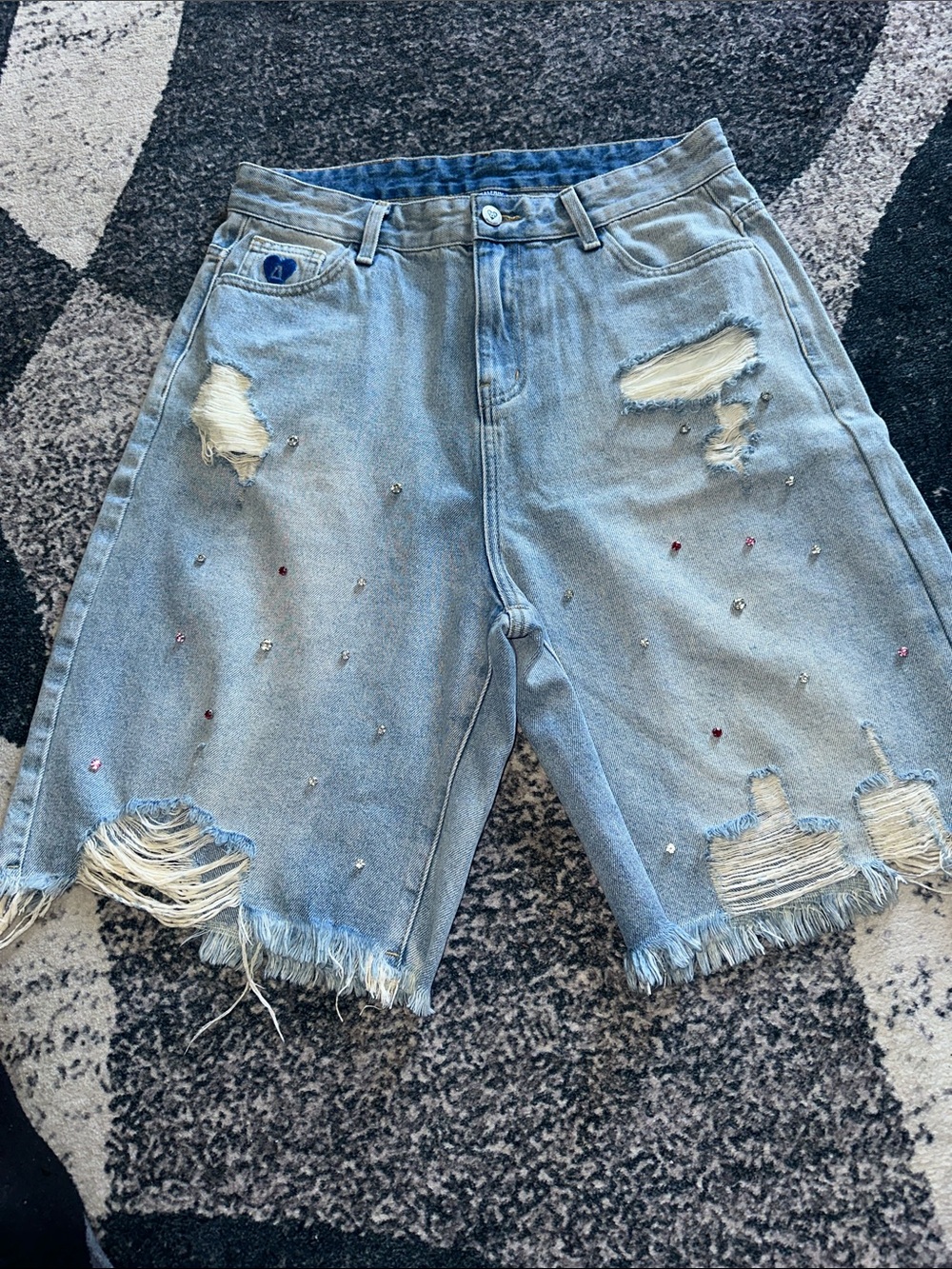 Alfric Eden Men Light Blue Distressed Denim Shorts with Embellishments